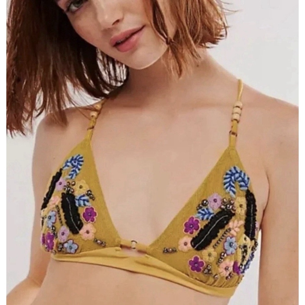 Free People Intimately Calla Embellished Mesh Triangle Bralette LG Mustard NWT